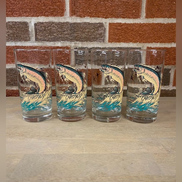 Libbey Glass Sportsman Outdoors Lake Fishing Hi Ball Glasses Tumblers Lot of 4 - Picture 2 of 8